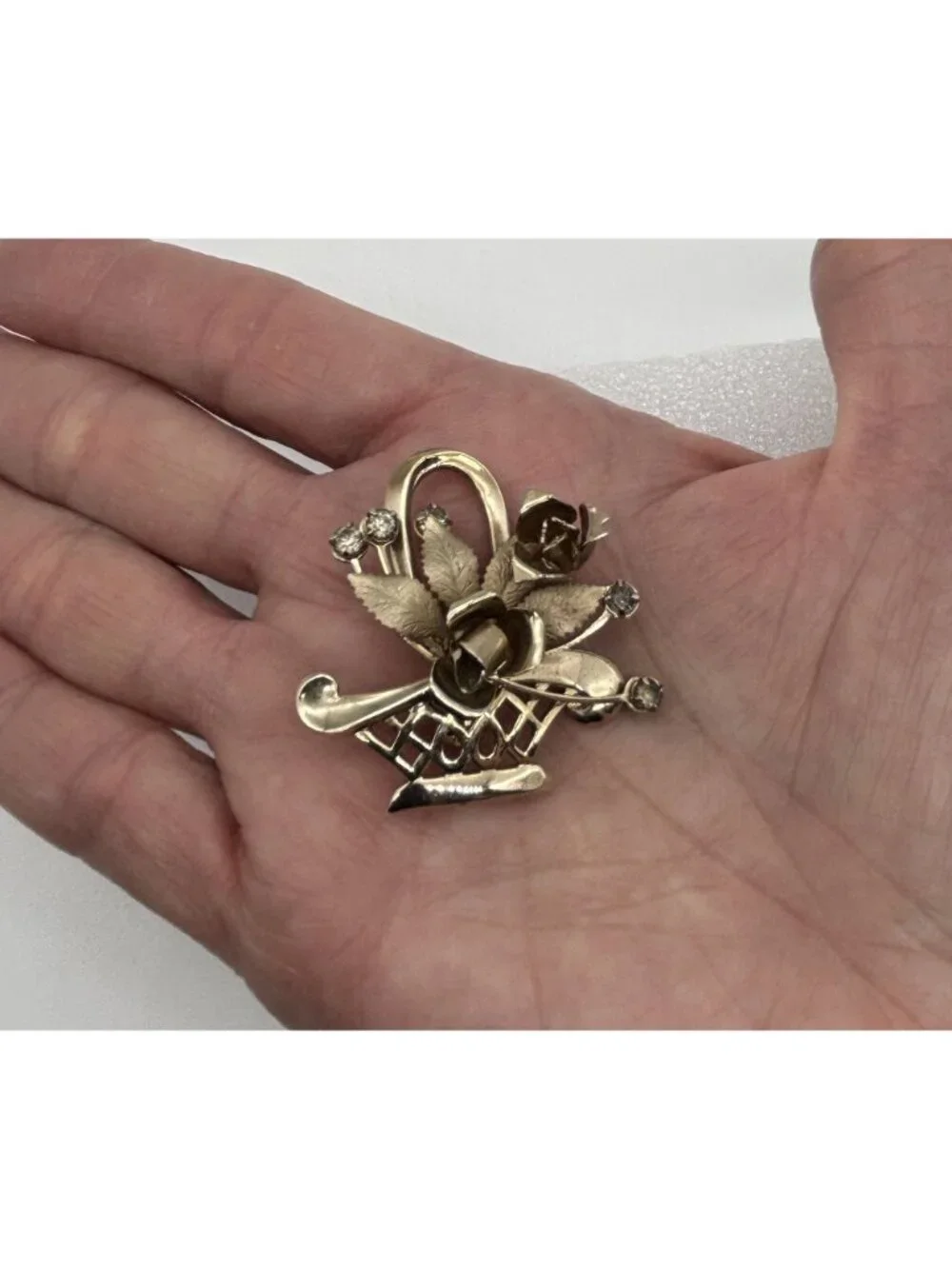Vintage Basket of Roses Brooch Pin Polished Etched Gold Tone Rhinestone Unsigned